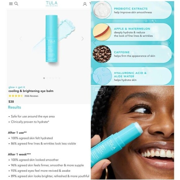 NIB! TULA Skincare Glow + Get It Cooling & Brightening Eye Balm Stick Undereyes - Picture 4 of 11